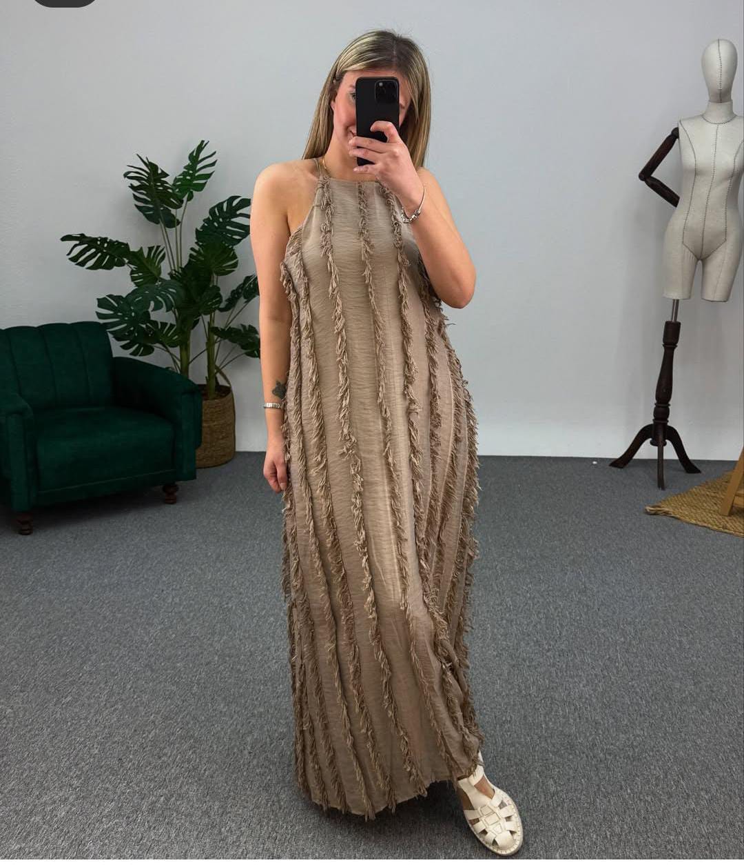 Beige fringed dress