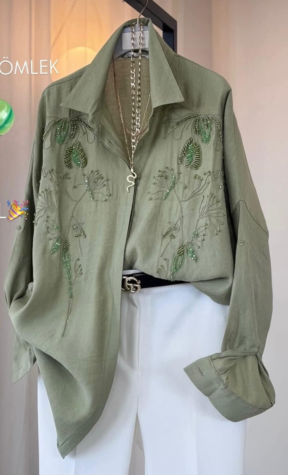 Olive green cotton satin shirt