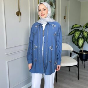 Blue embroidered tencel shirt